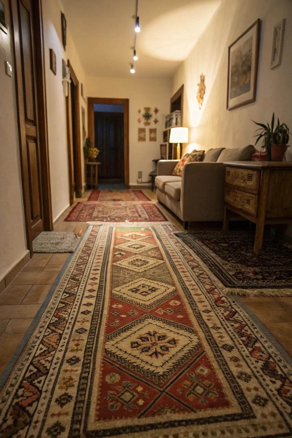 Layered floor coverings enriching texture and warmth to a restricted living area.