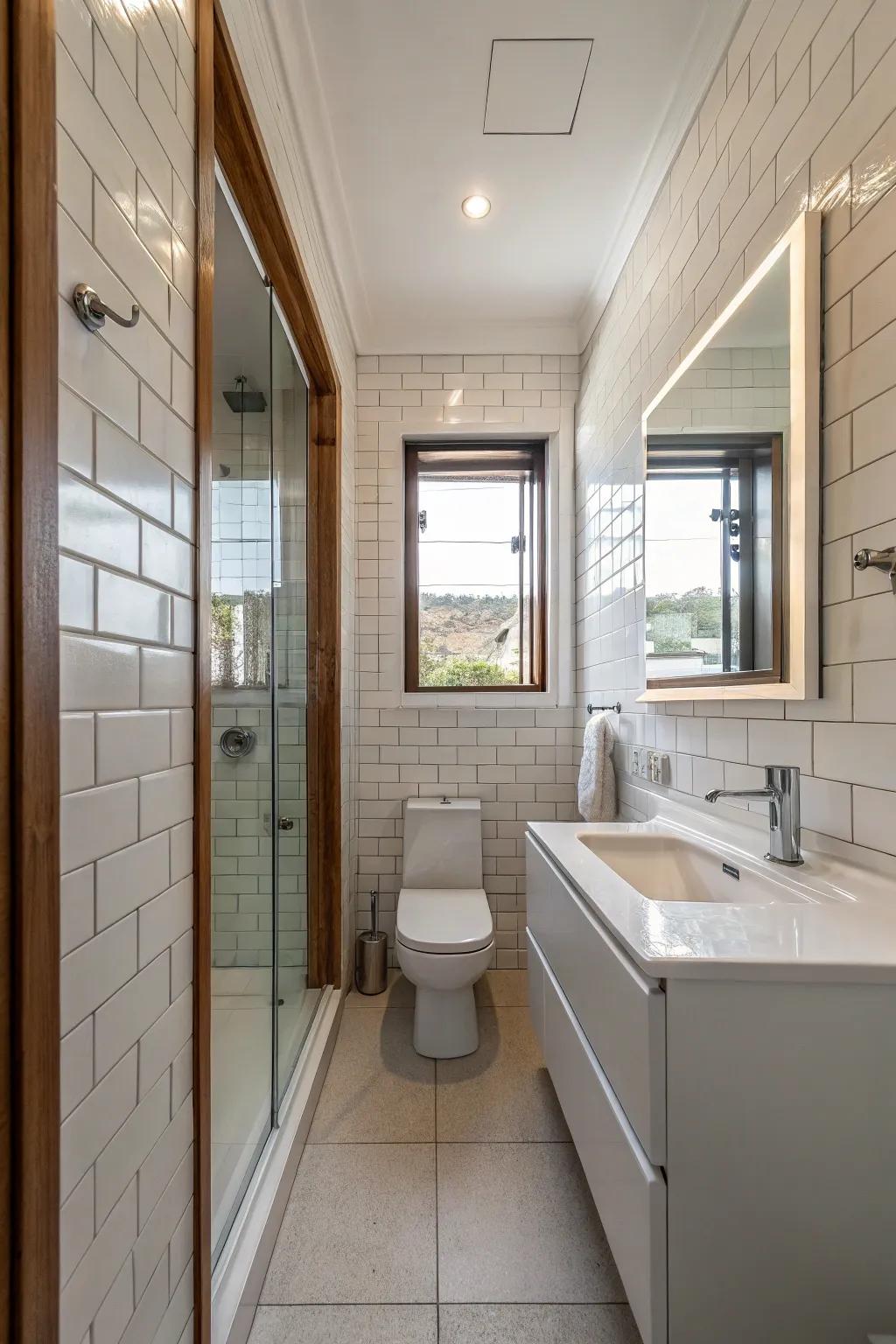 Floor-to-ceiling mirrors enhance the sense of space in small bathrooms.