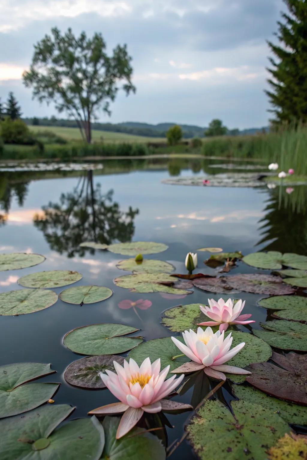 Aquatic roses offering shade and beauty to a genuine pond.
