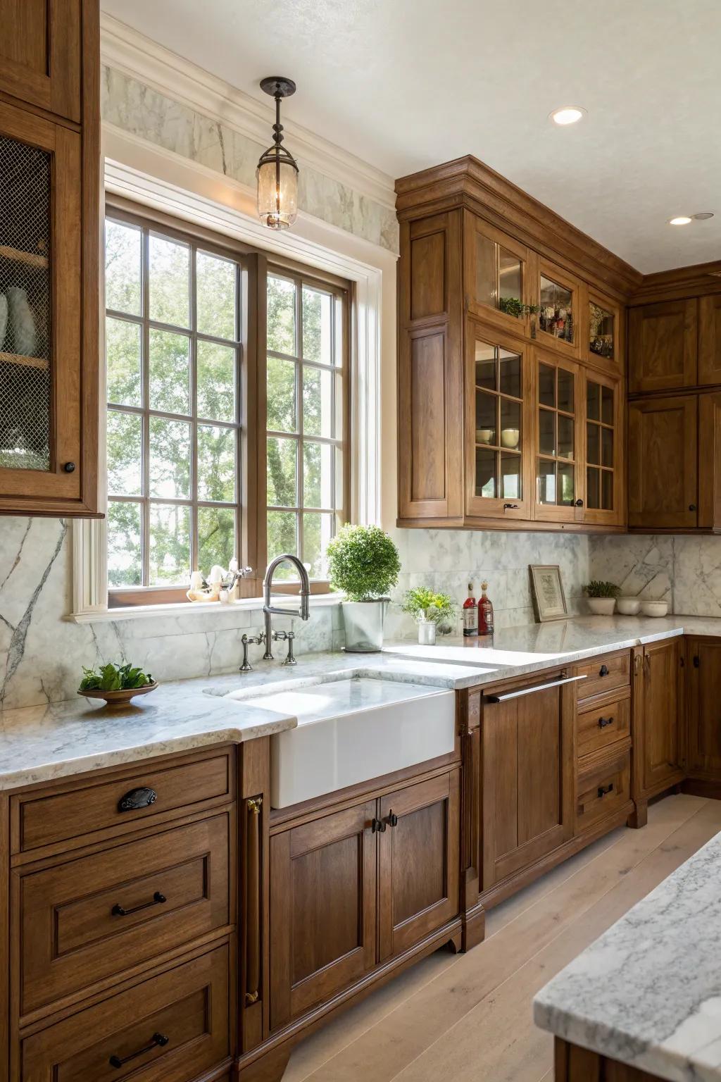 Marble surfaces beautifully complement innate timber cabinetry.