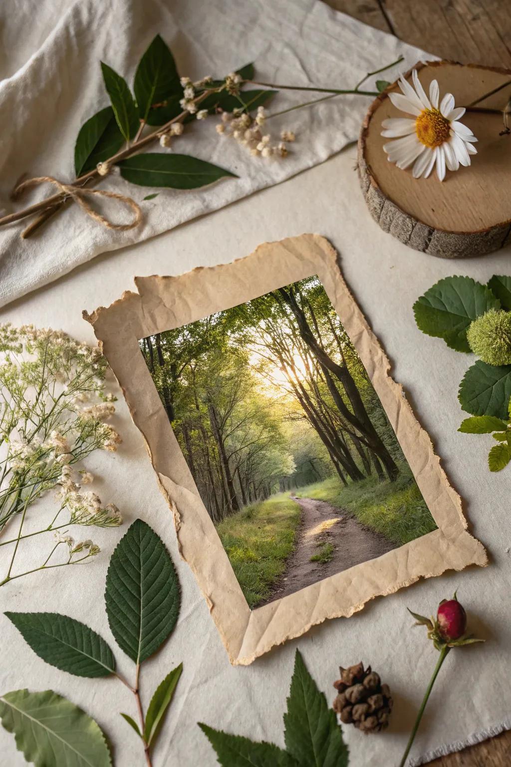 A textured scene collage utilizing fragmented paper and natural materials.