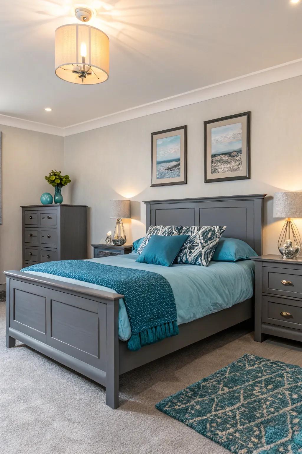 The interplay of deep charcoal and soft sky blue establishes a balanced and inviting atmosphere.