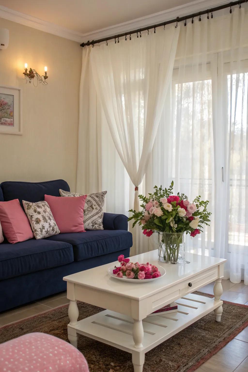 White elements brighten the room and balance the darker tones.