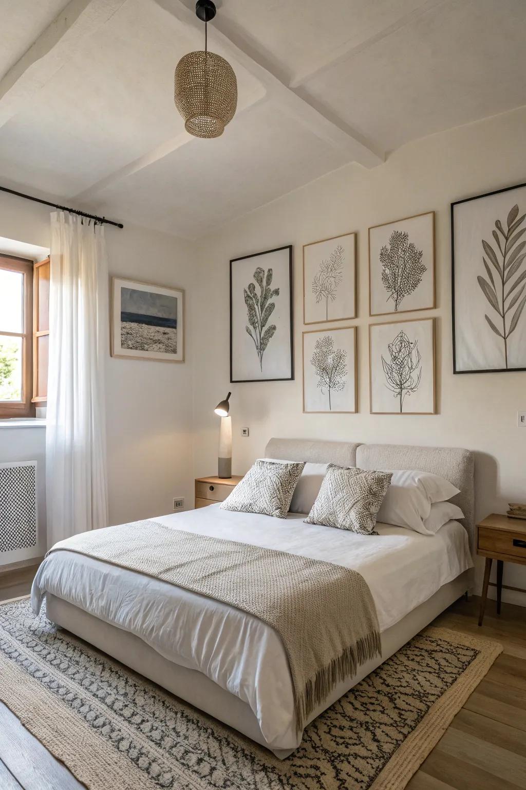 Simple artwork provides elegance to a neutral bedroom.