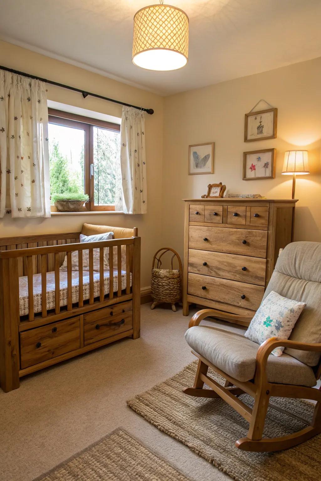 A cozy nursery with natural wood accents.