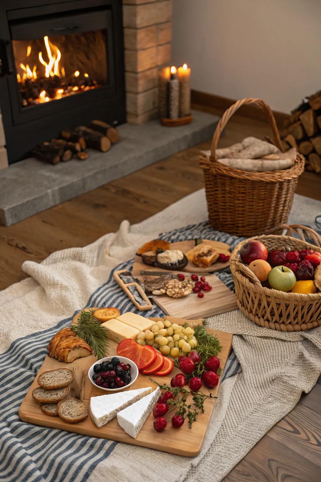 An inviting indoor winter picnic, perfect for holiday gatherings.