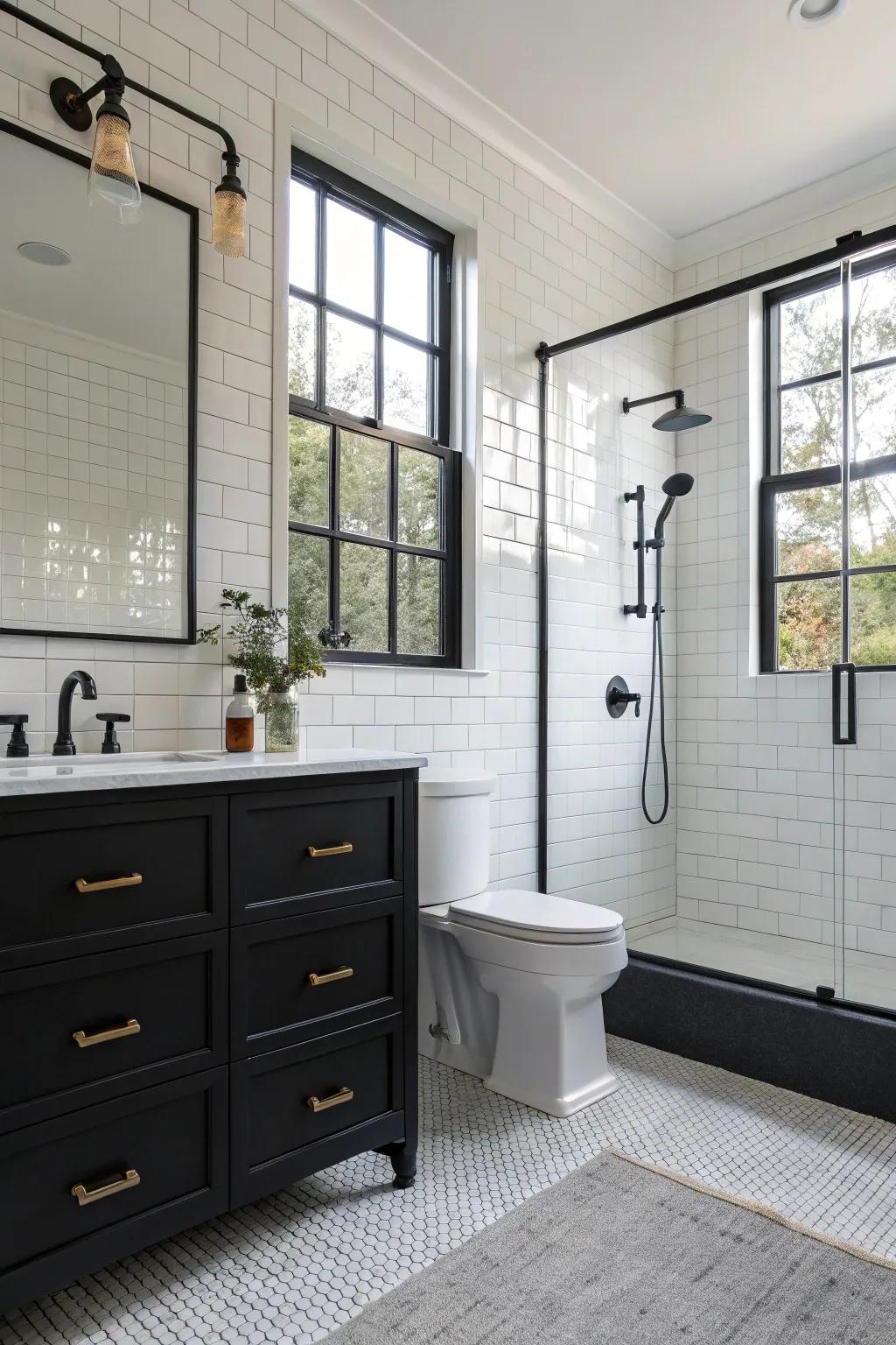 Modern fixtures in matte black enhancing the bathroom's elegance.