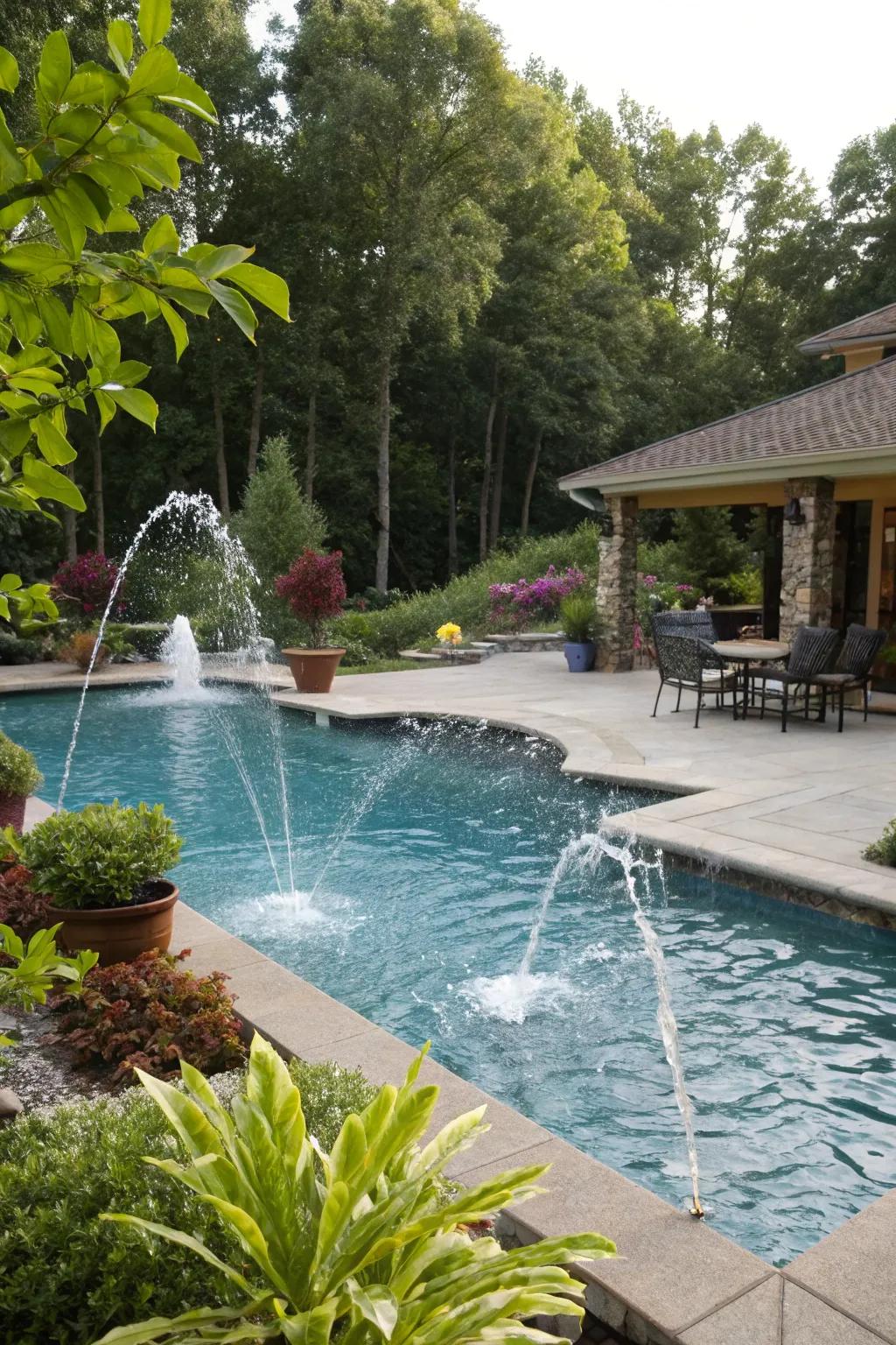 A <strong>pool</strong> with water jets, contributing a fun and calming element to the yard.” loading=”lazy” class=”pimg”>
	</picture><figcaption>A <strong>pool</strong> with water jets, contributing a fun and calming element to the yard.</figcaption></figure>
<p>Incorporate <strong>water elements</strong> like fountains or jets to add a lively element to your <strong>pool</strong>. The gentle sound of water will improve your outdoor relaxation experience.</p>
<h3>A few things you might like:</h3>
<ul class=