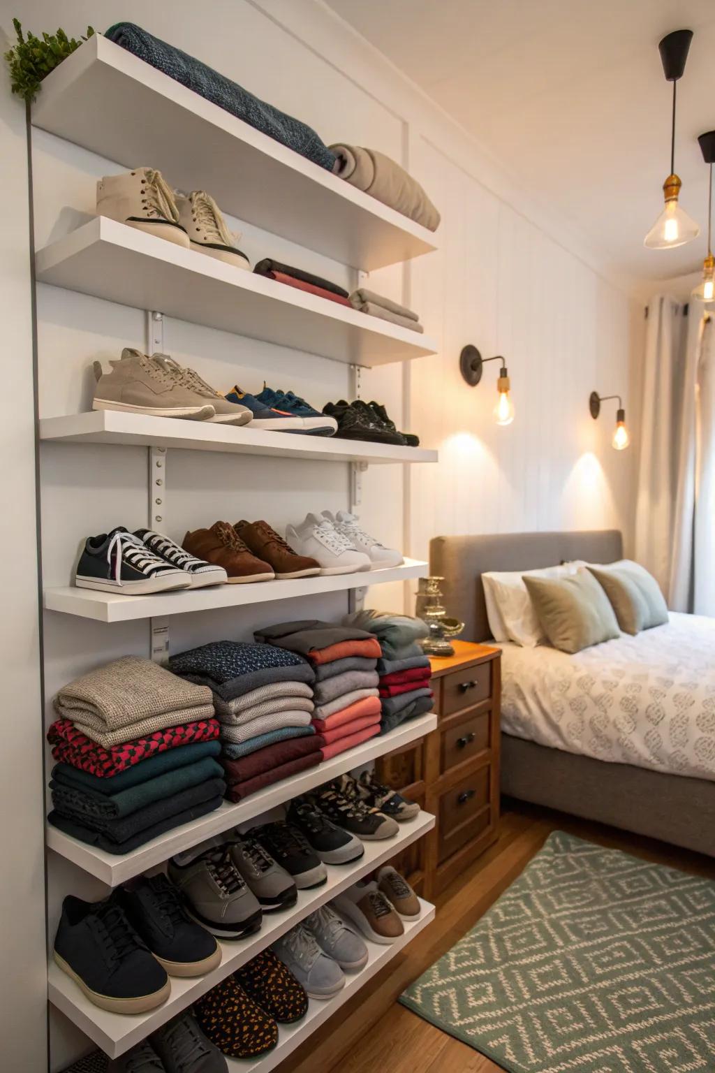 Hanging shelves save space while adding style.
