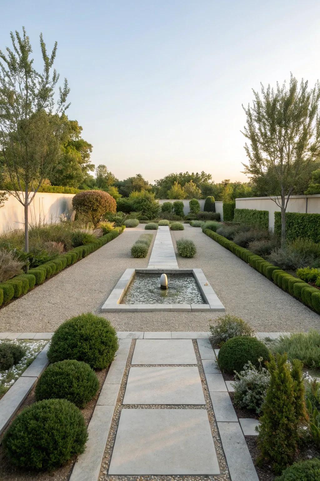 A calm and minimalist garden featuring low-maintenance components.