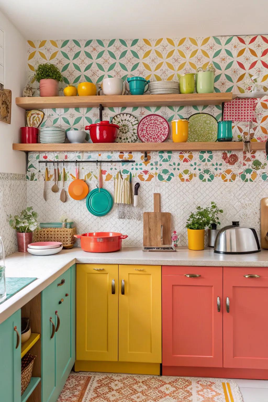 Decorative wallpaper backsplashes offer a customizable and colorful kitchen touch.