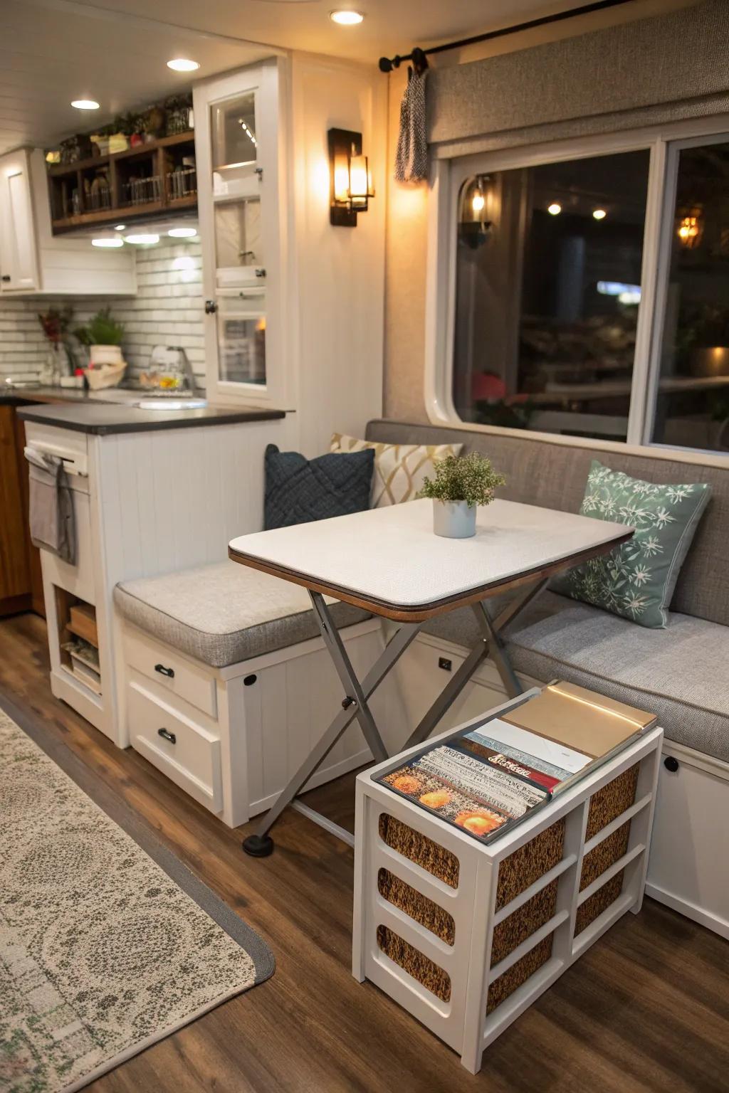 A flexible nook designed for both seating and storage.
