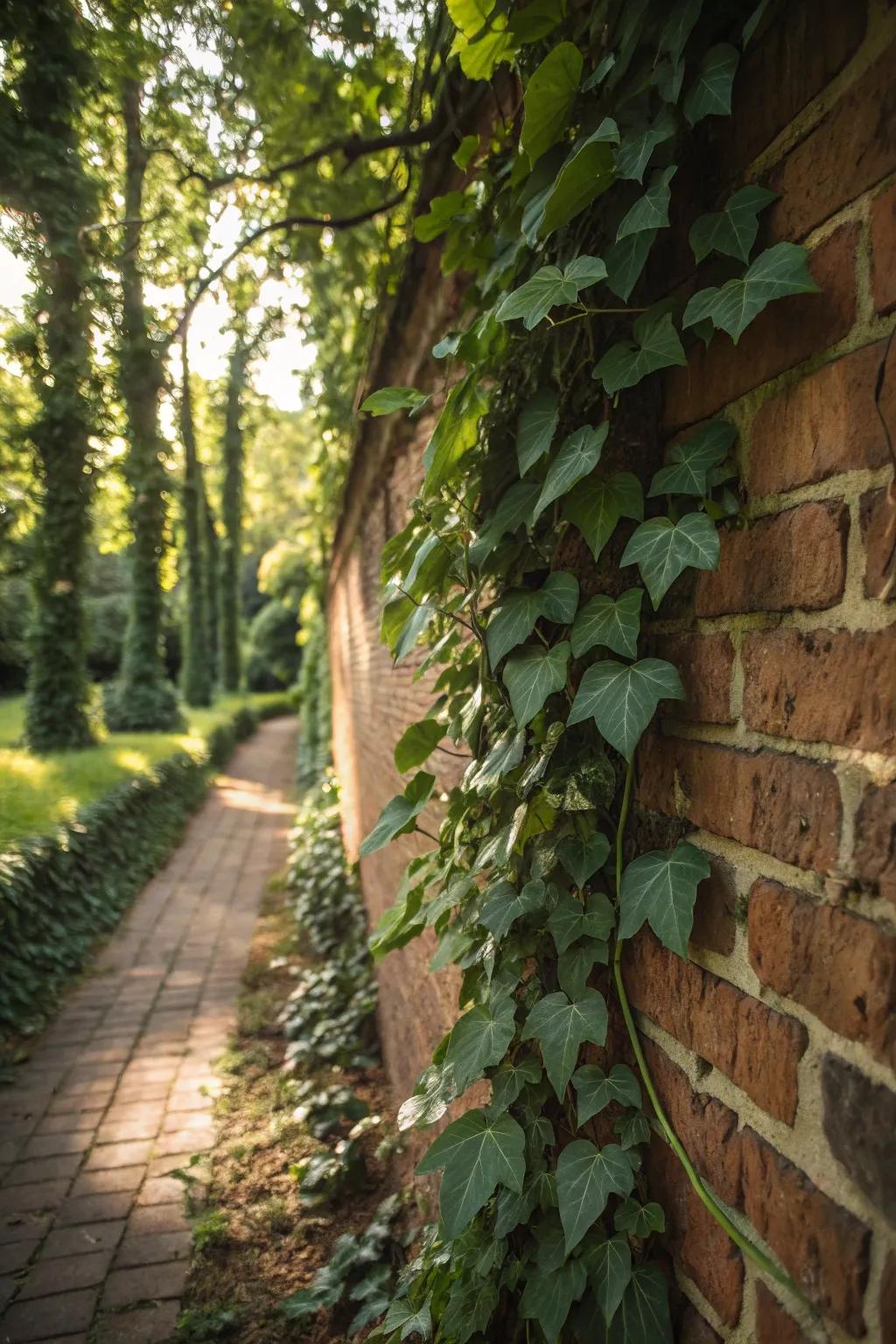 Ivy enhances vertical interest with its full, green foliage.