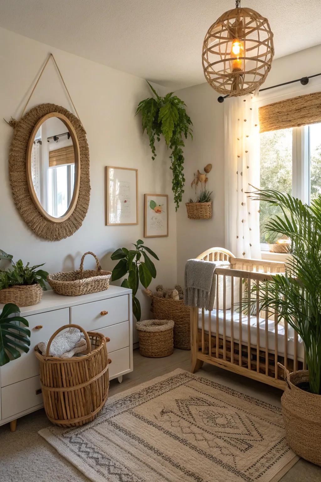 A twig-border reflection adds an earthy touch to this nursery.