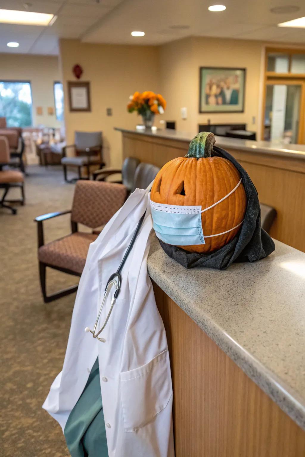 Everyone smiles when they see a pumpkin dressed as a doctor.