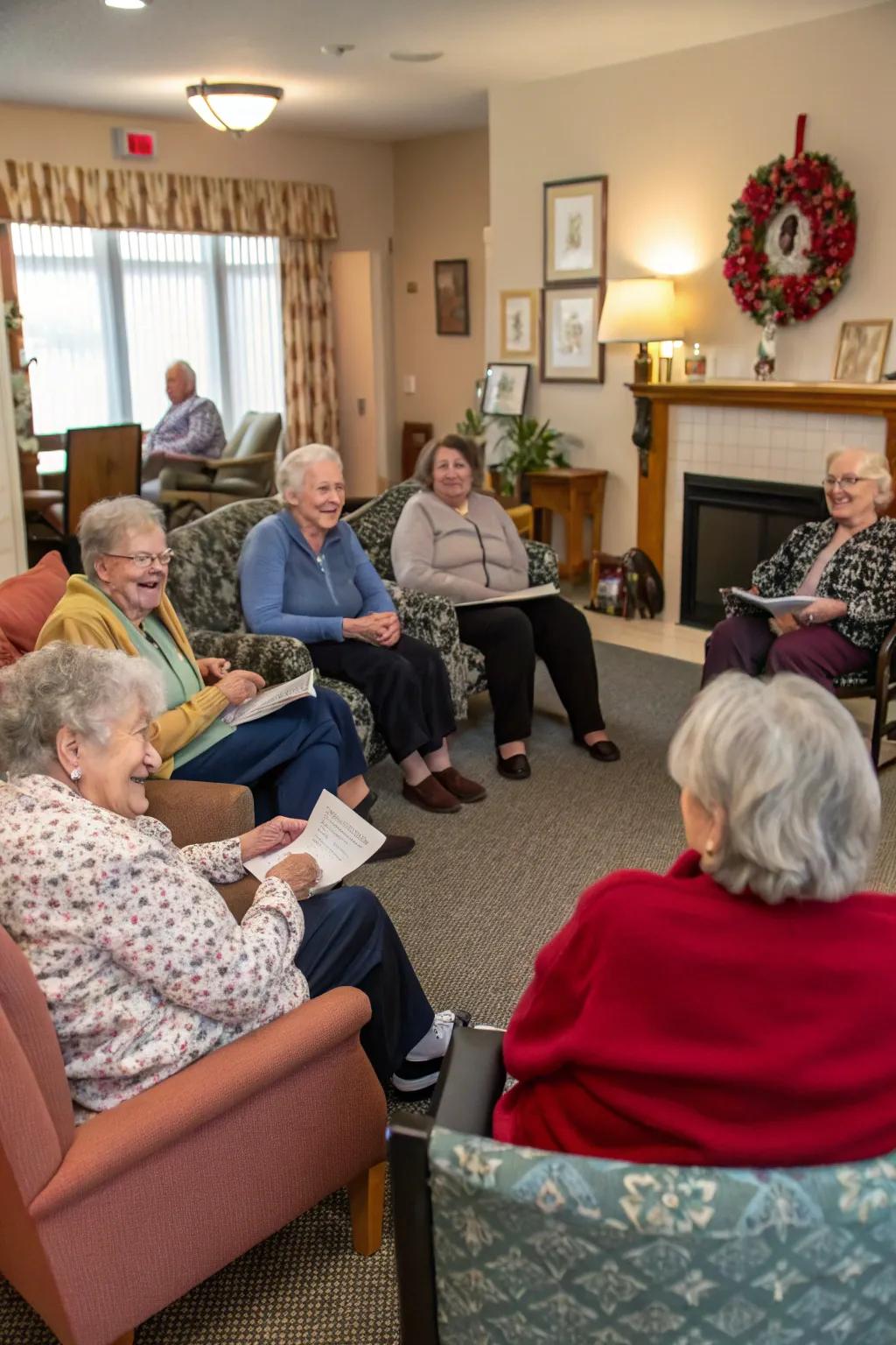 Residents sharing cherished love stories in a cozy circle.