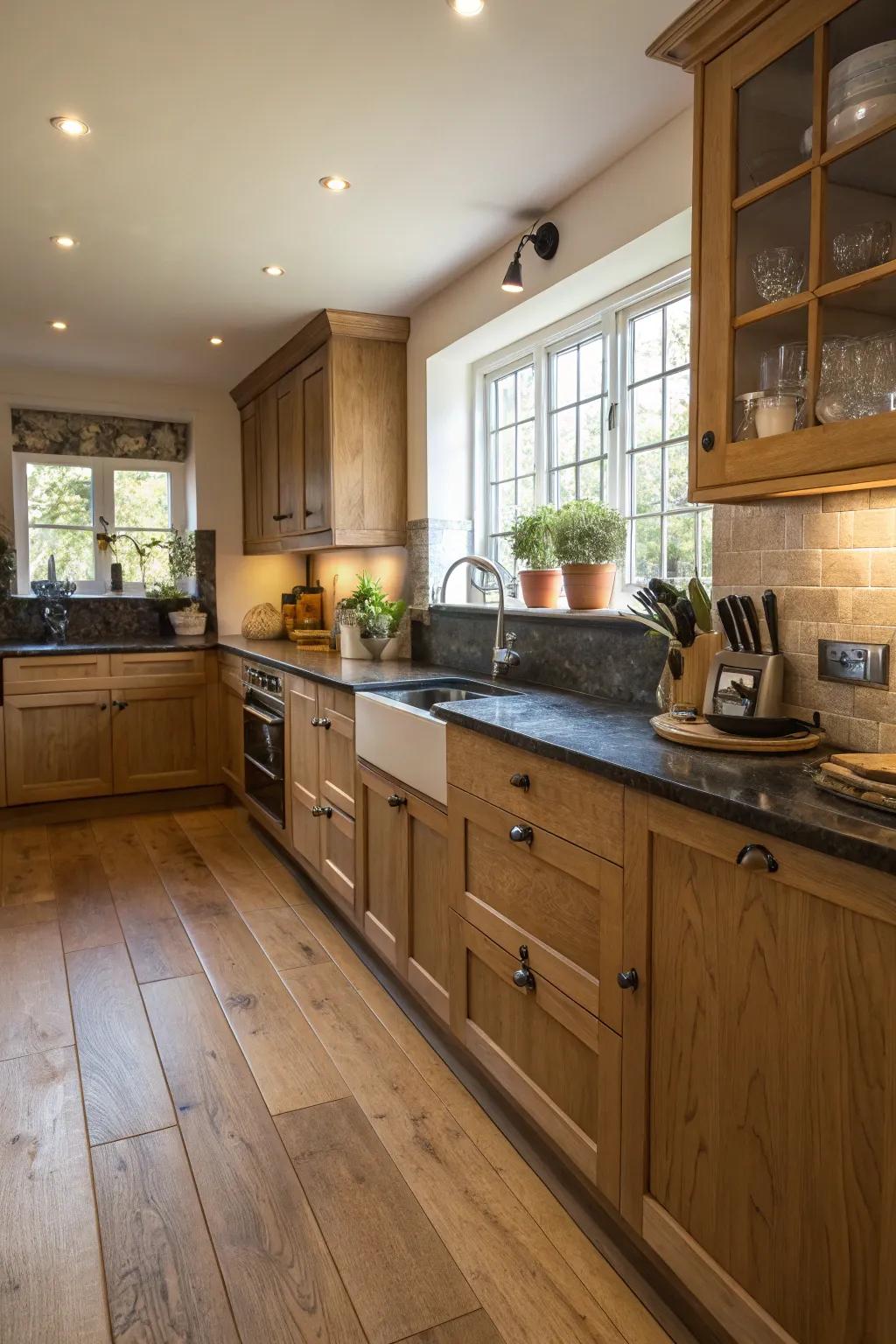 Dark countertops creating a striking contrast with oak floors.