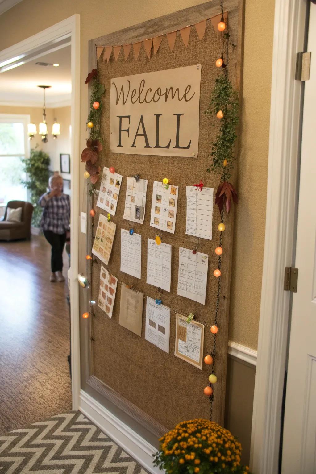 An entryway bulletin board with a welcoming autumn theme.