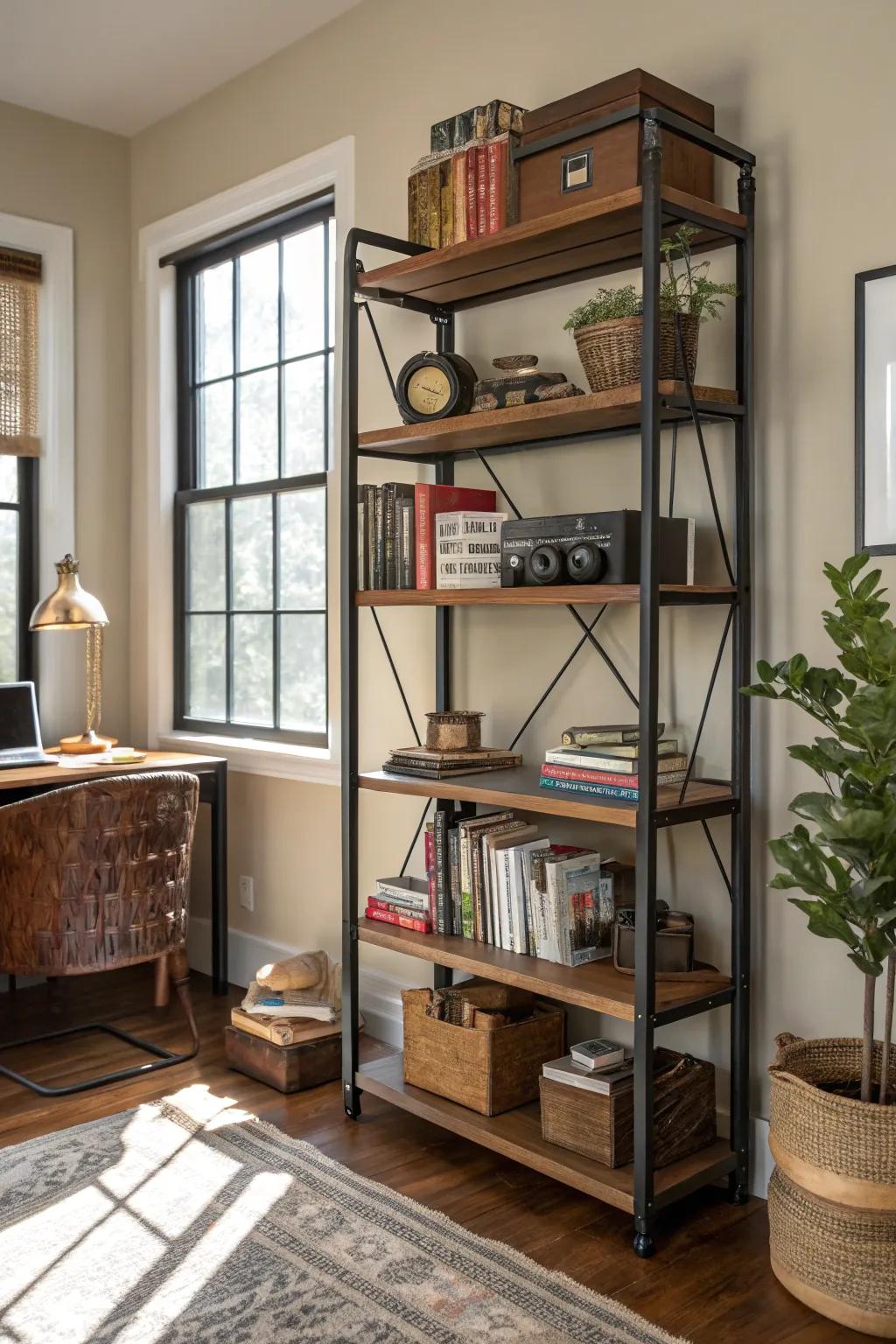 Mixed materials fashion a vibrant and chic bookshelf.