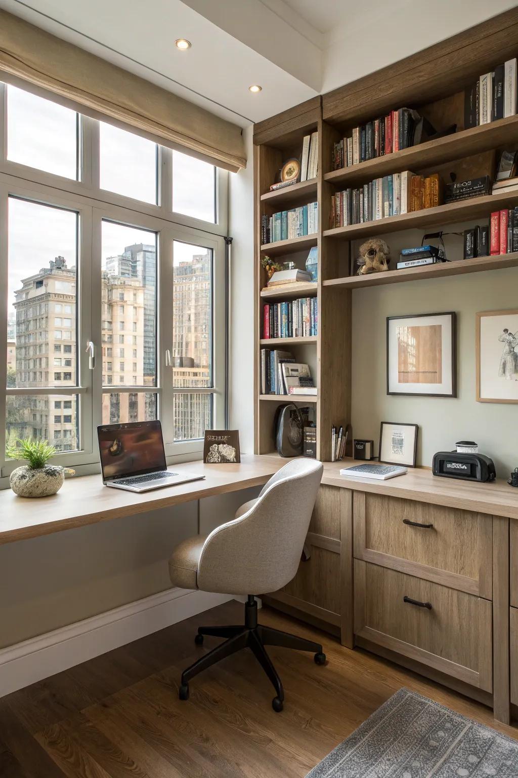 Optimize your work zone with an angled workstation showcasing integrated racking.