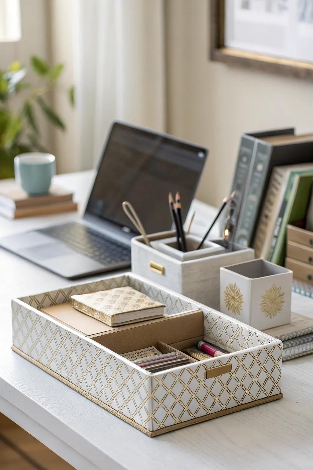 Stylish organizers ensure your workspace remains tidy and refined.