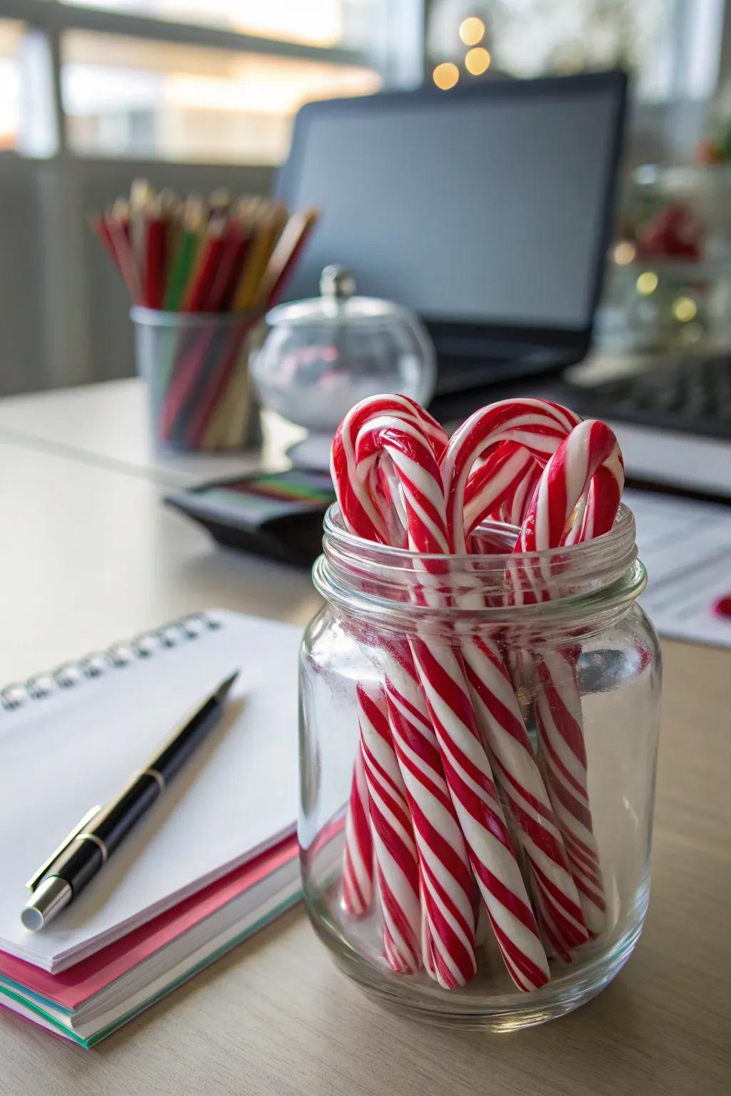 A container of candy sticks offers a sweet seasonal touch.
