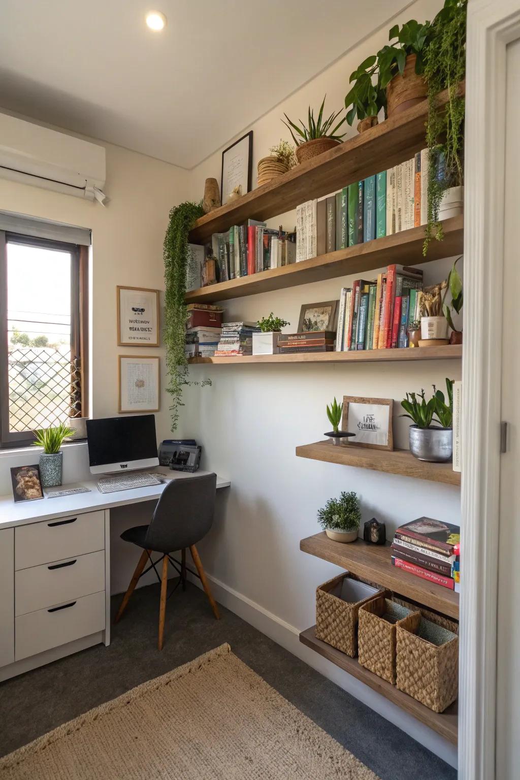 Add floating shelves for practical storage without cluttering the floor.