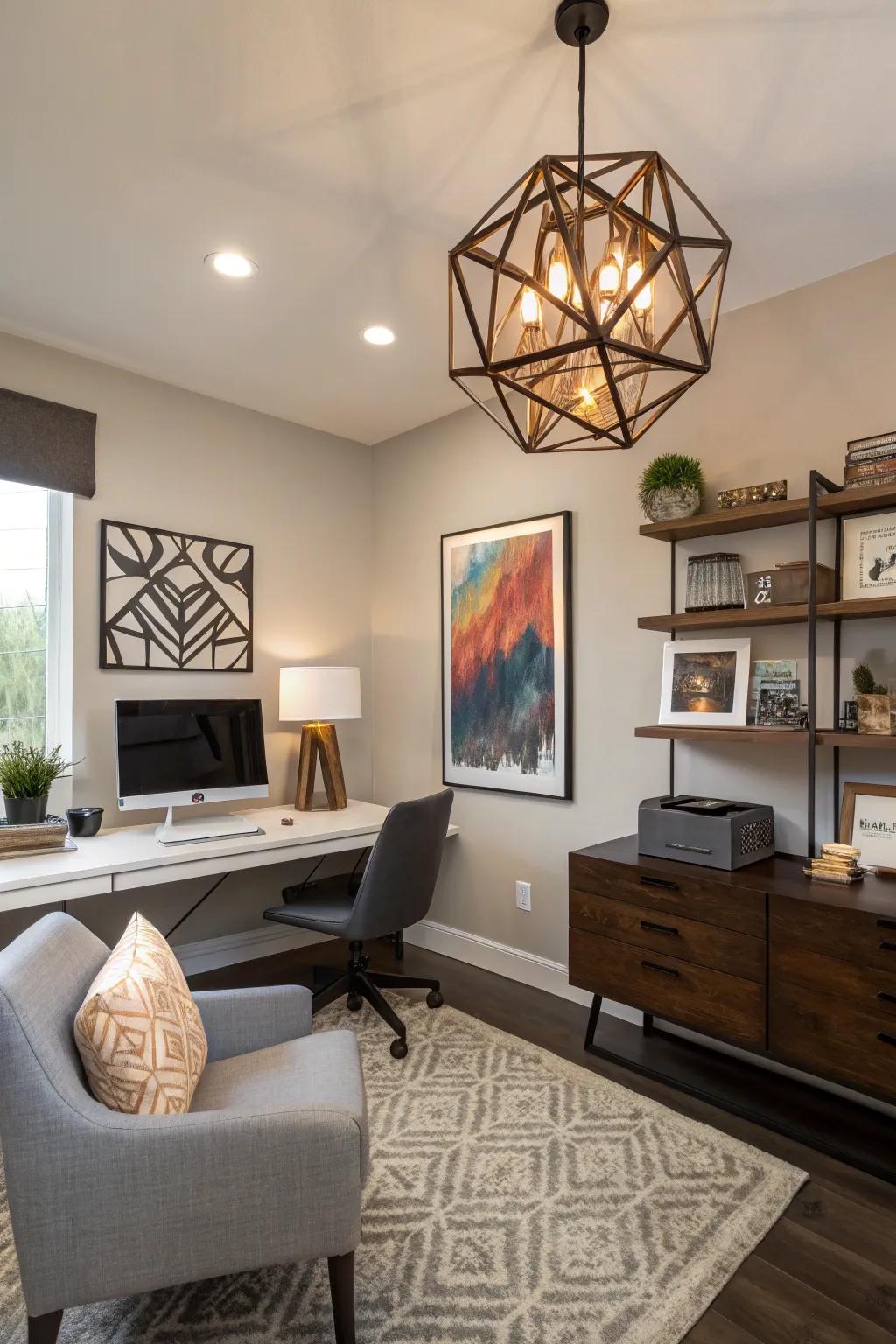 Custom shape lights add a creative touch to office lighting.