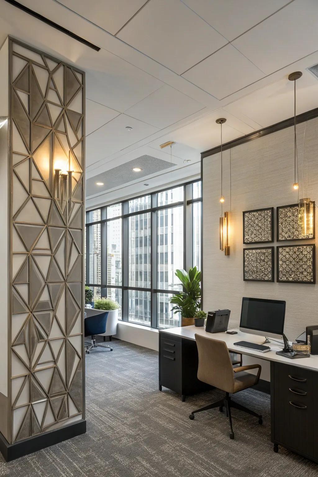 Geometric sconces offering a modern touch to the office.