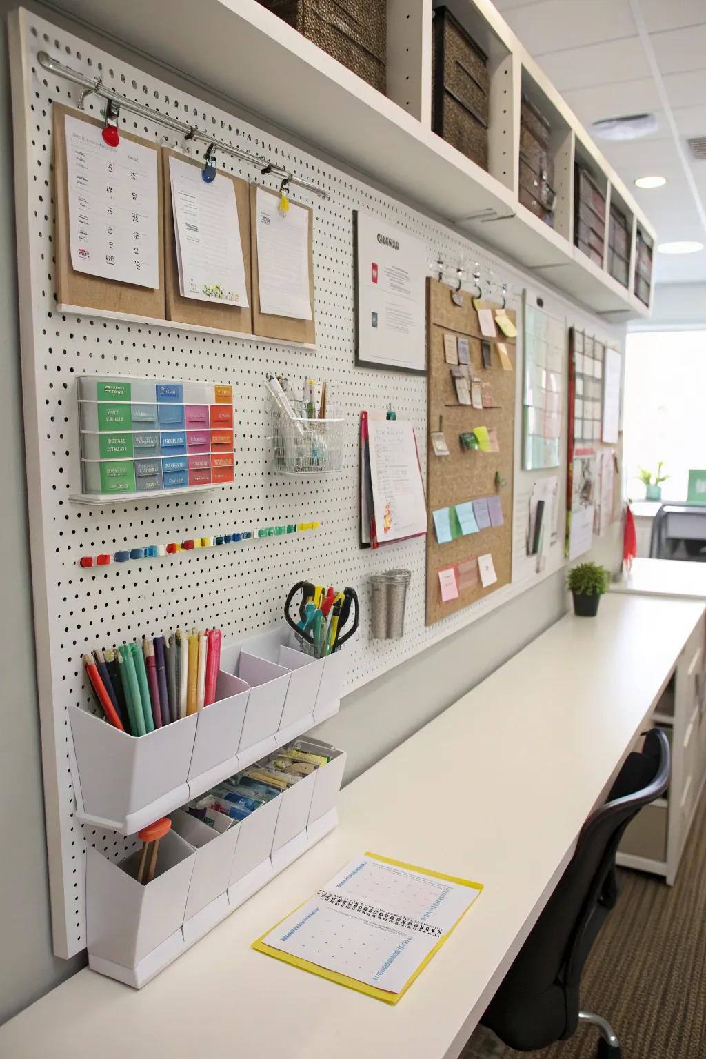 A well-organized office featuring stylish and functional wall decor.