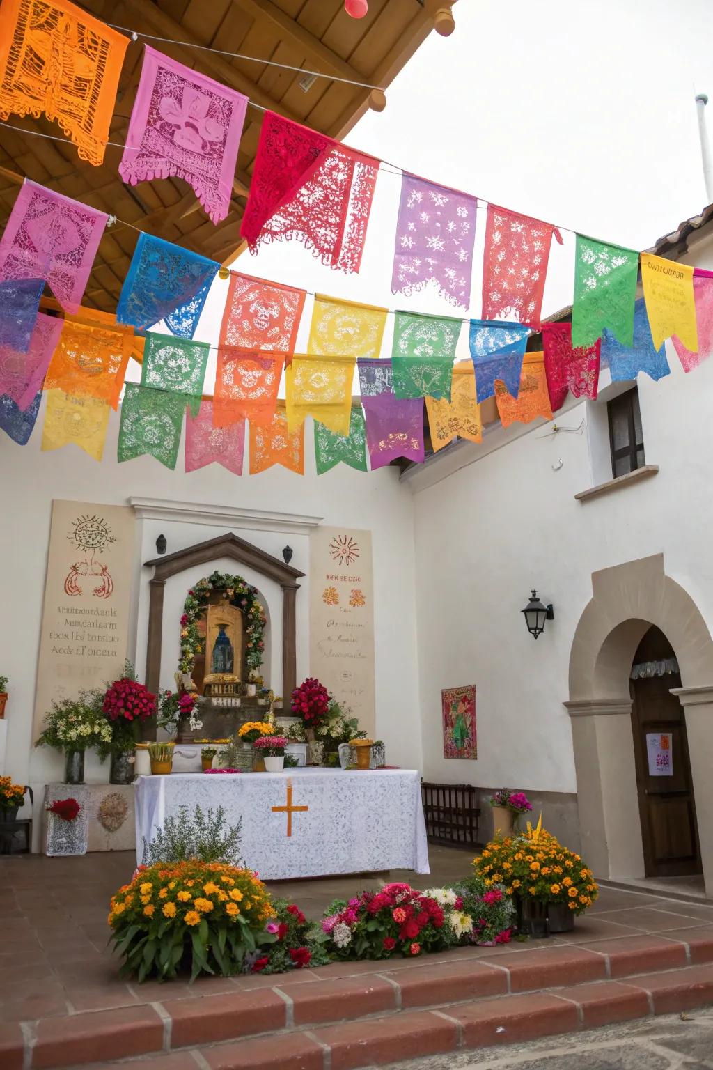Papel picado contributes a holiday element to your ofrenda with its vivid hues.