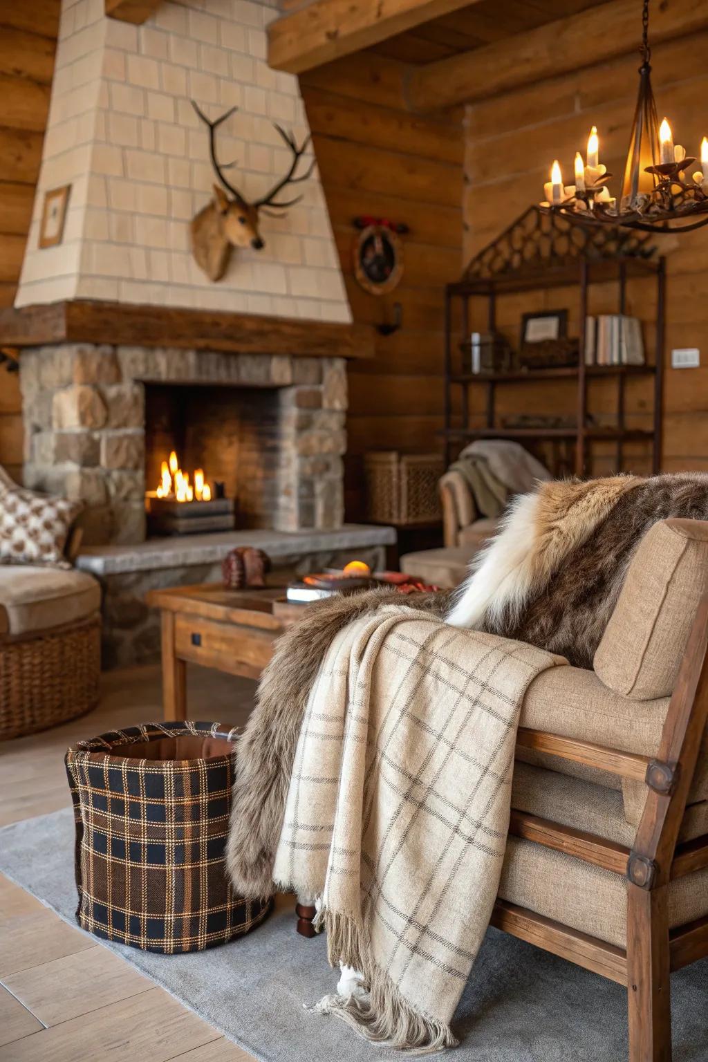 Hunting retreat interior showcasing wool throws and fur features for increased texture.