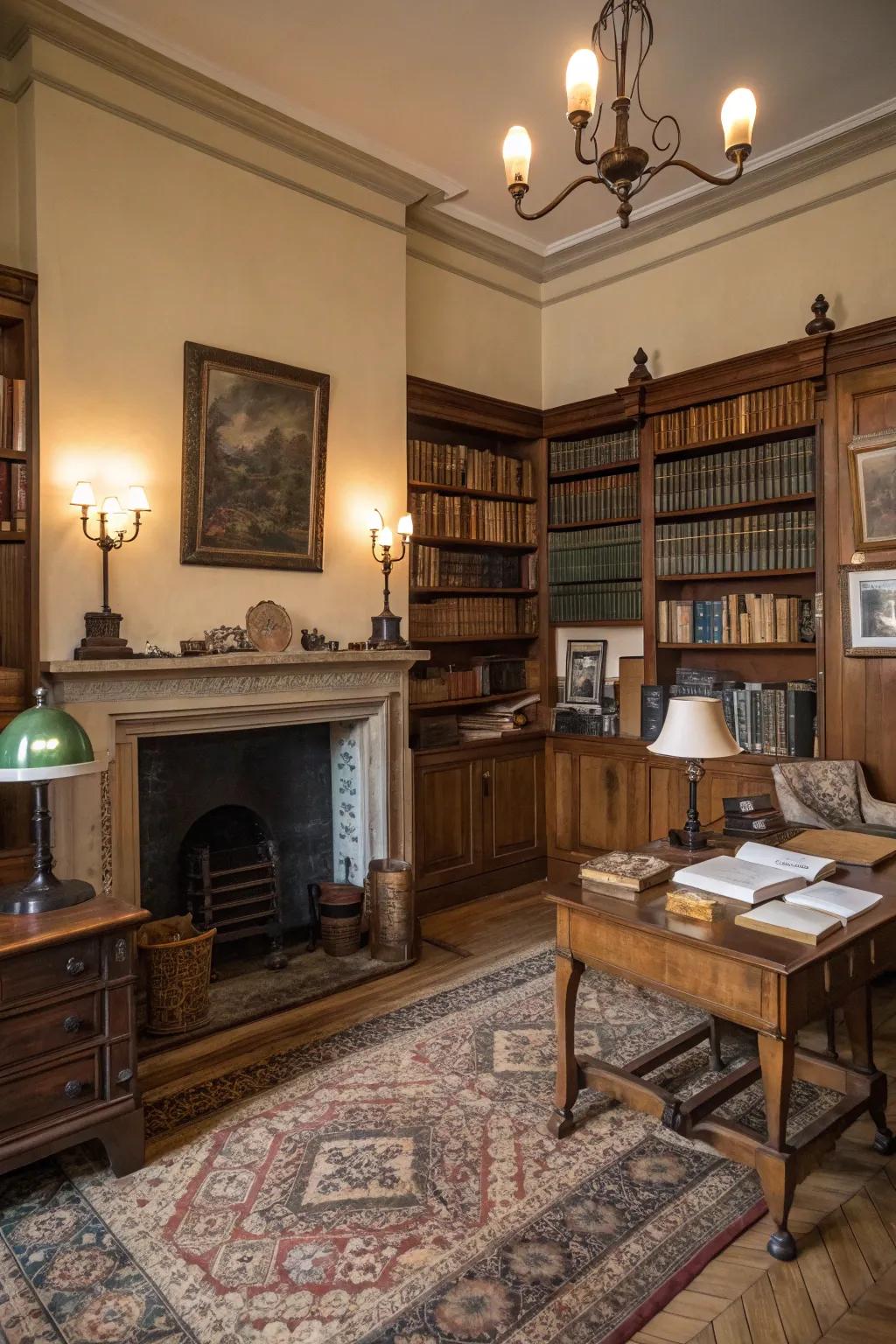 Get comfy next to the fireplace in your study