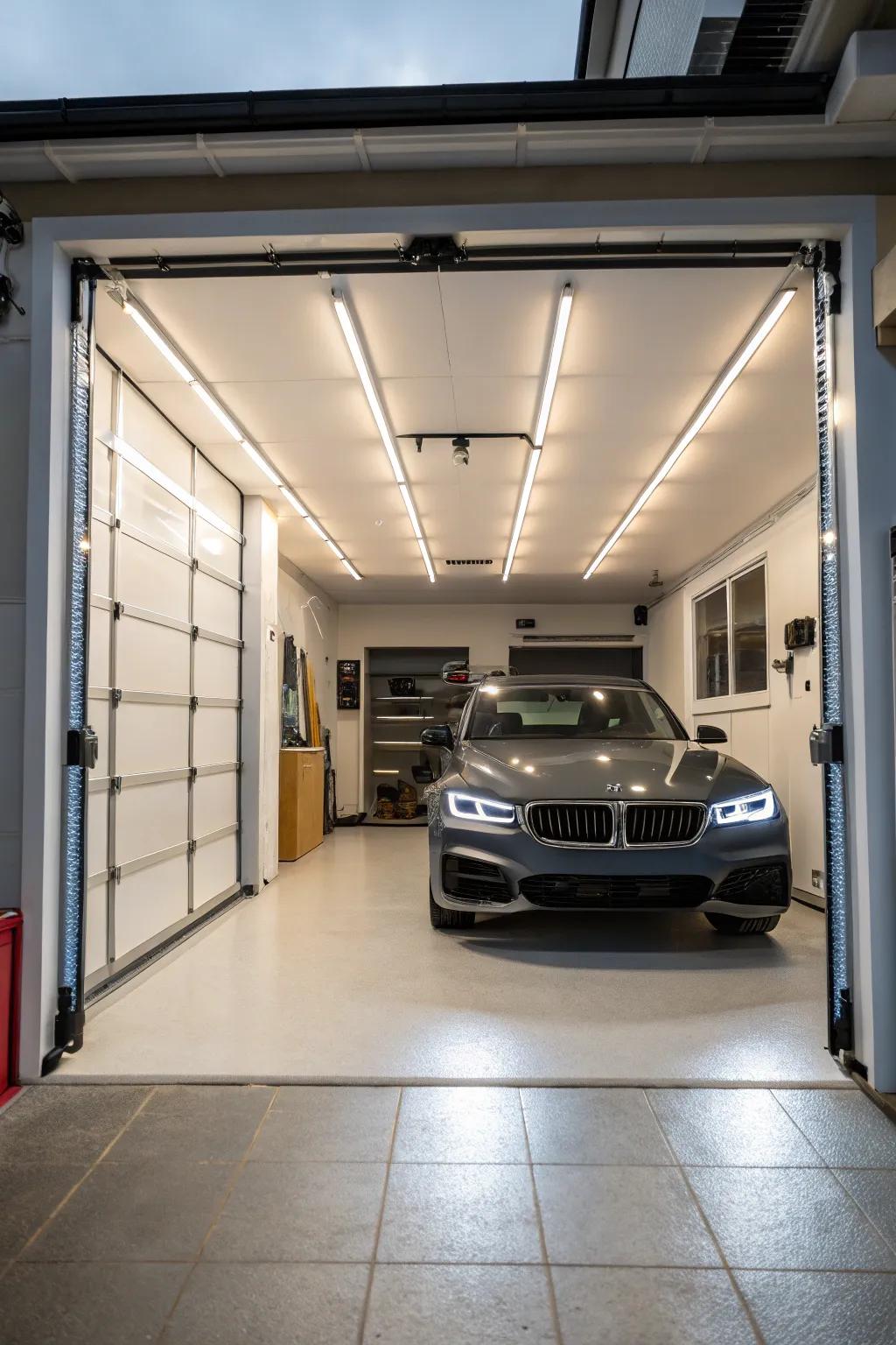 Bright lighting makes a garage feel more spacious and inviting.