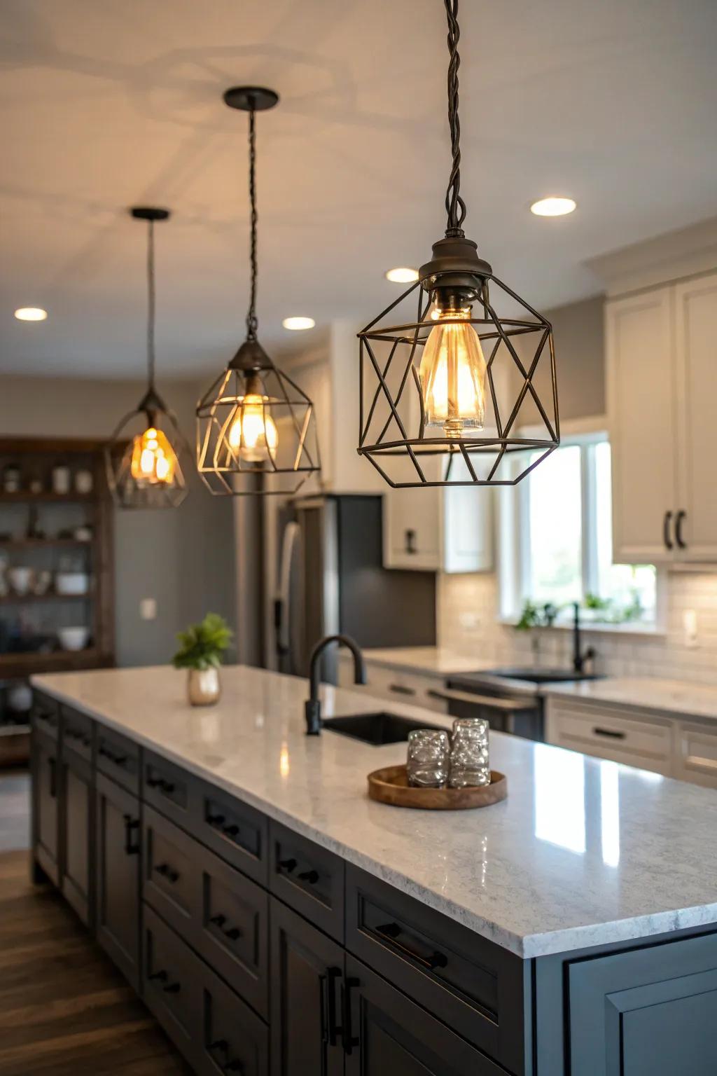 Drop lights incorporate atmosphere and style to the cooking area's island.