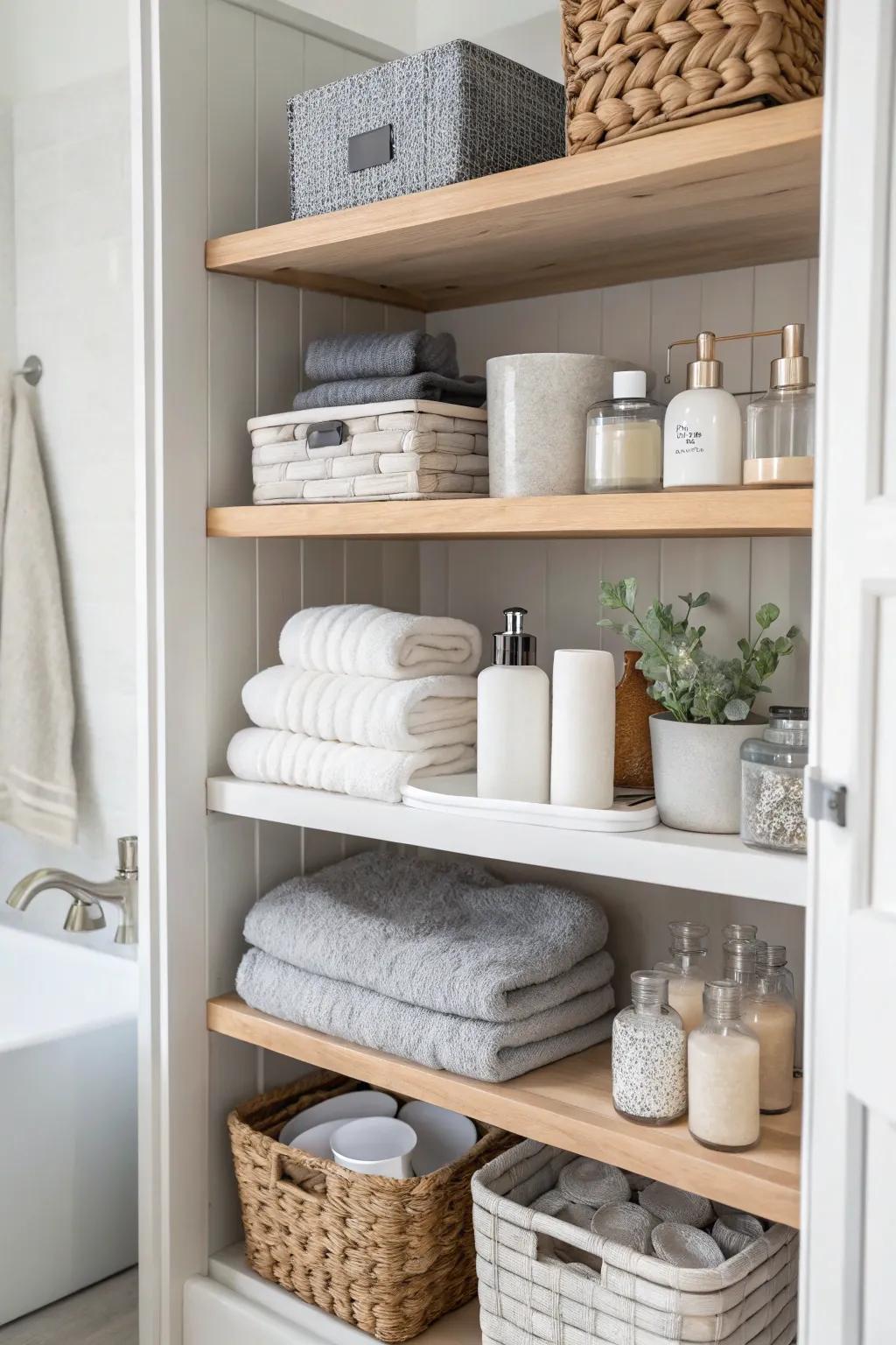A subdued color scheme brings serenity to open bathroom racking.