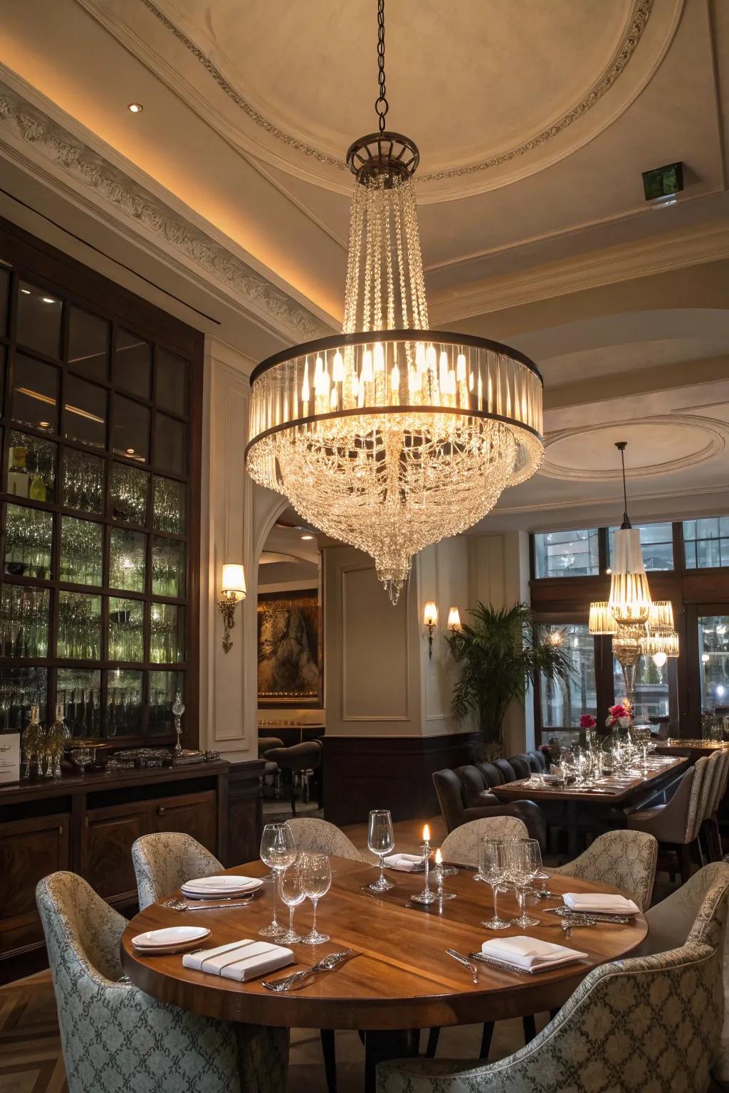 A dining space enhanced by a stunning chandelier and pendant lights.