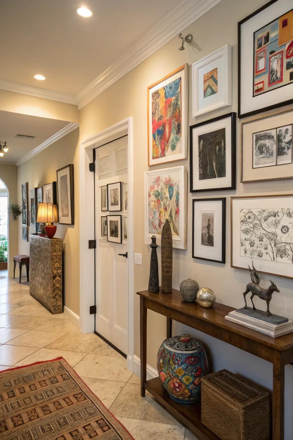 Art inside an entrance offers a peek into the home’s persona.