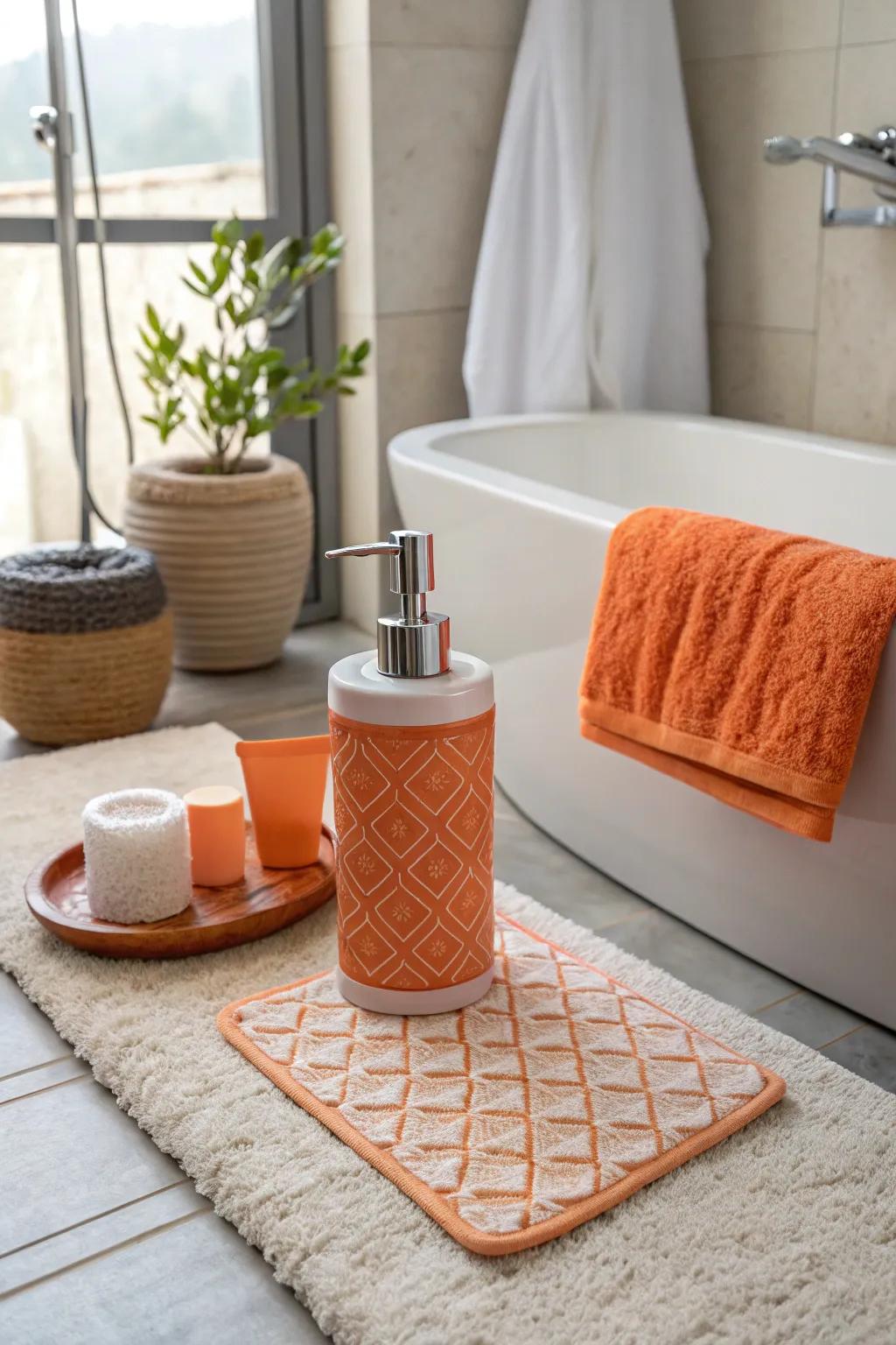 Subtle citrus accents such as a hand wash dispenser and shower mat.
