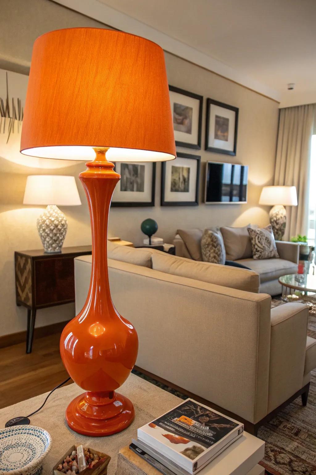 A modern tangerine lamp introduces coziness and elegance to the sitting room.