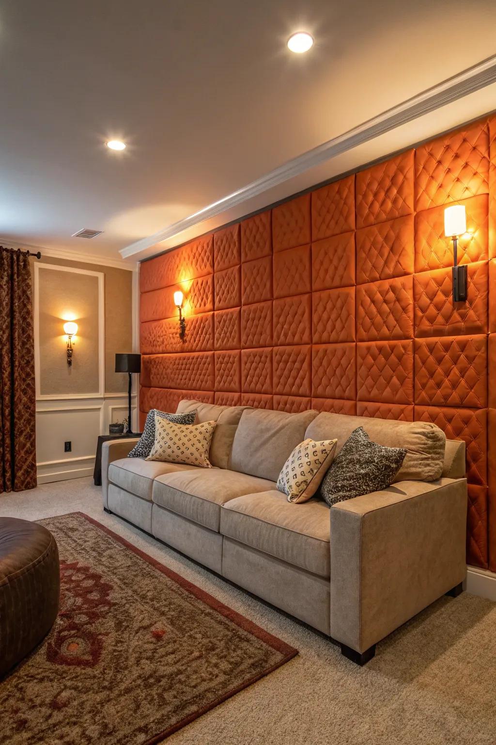 A living space is enhanced with textured tangerine panels, introducing depth and warmth.