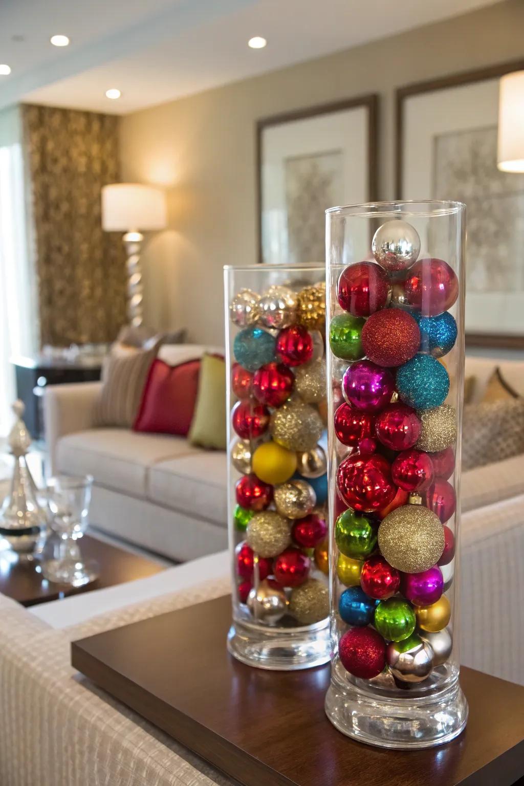 Uncomplicated and polished bauble-laden urns.