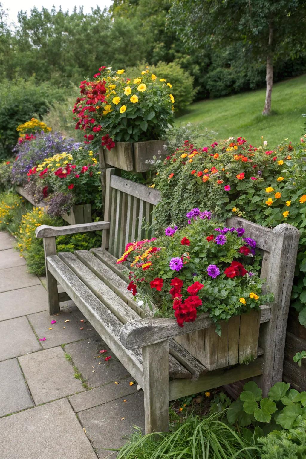 A bench incorporating seating with lively planters.