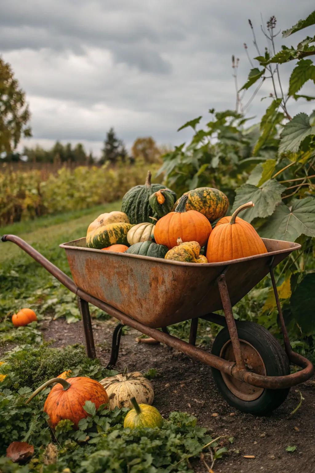 A handcart overflowing with squashes and gourds produces a wistful scene.
