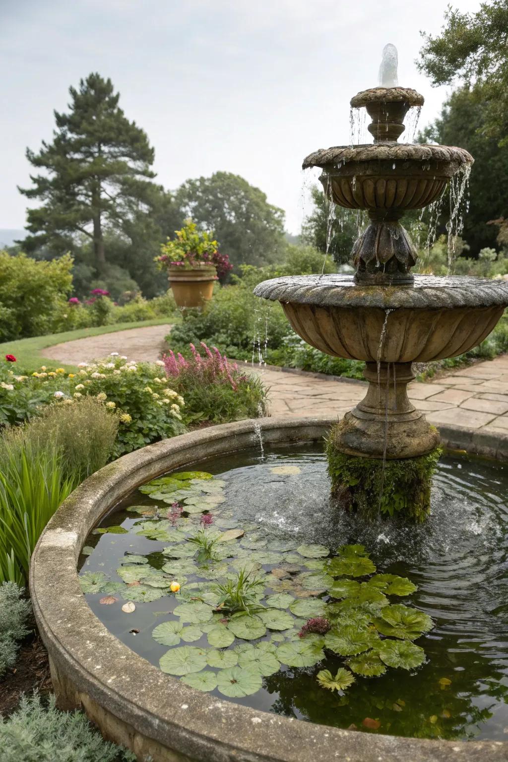 A fountain wonderfully integrated with garden plants.