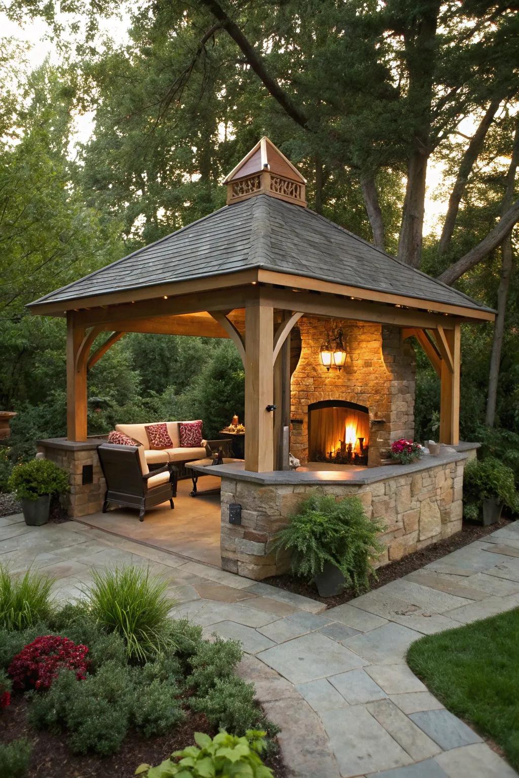 Infuse warmth and charm with a fireplace in your outdoor kitchen gazebo.
