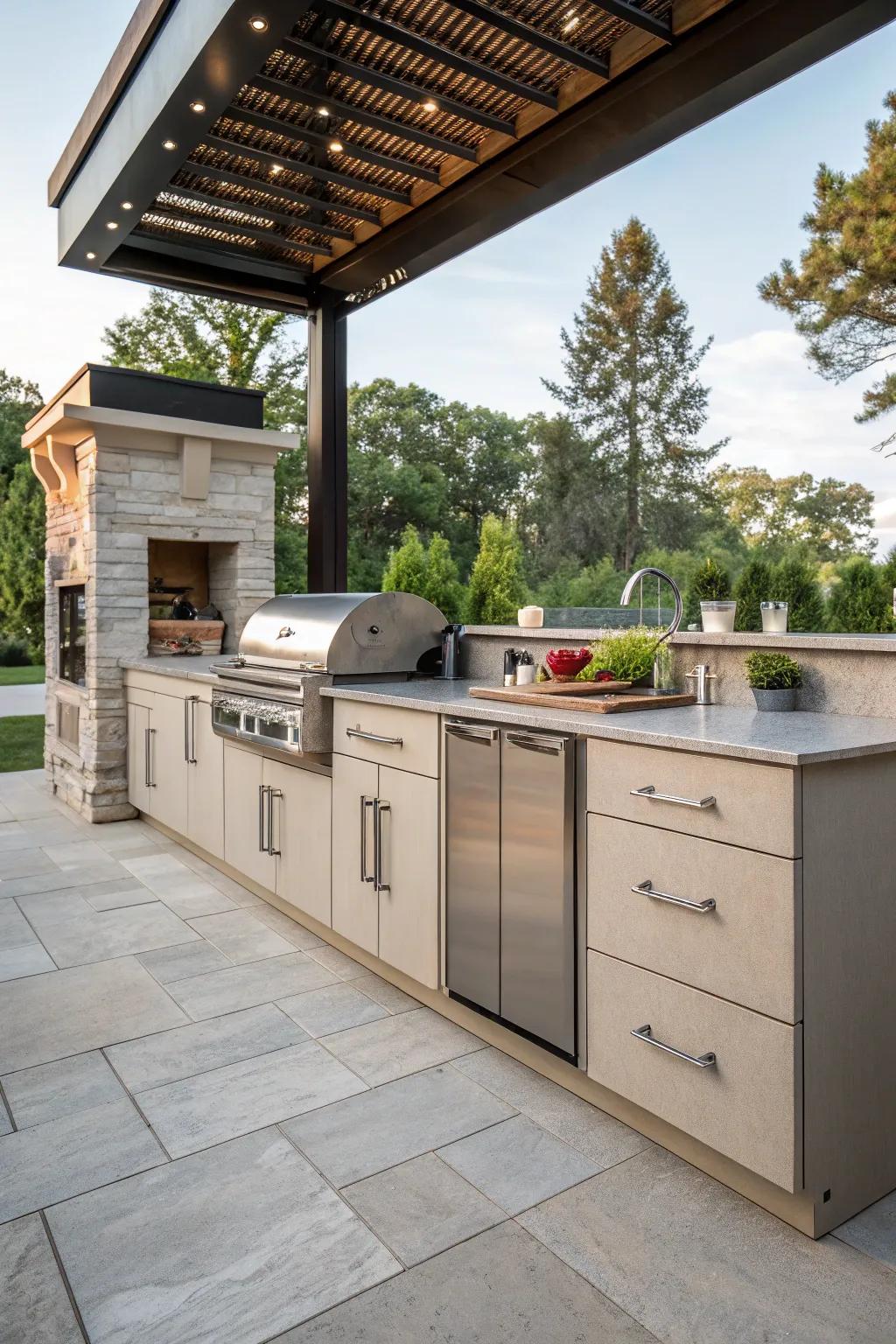 An outdoor kitchen island boasting ample storage with sleek cabinets and drawers.