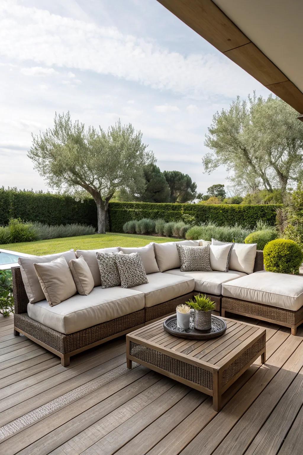 Outdoor sectionals provide plenty of seating and a welcoming atmosphere for socializing.