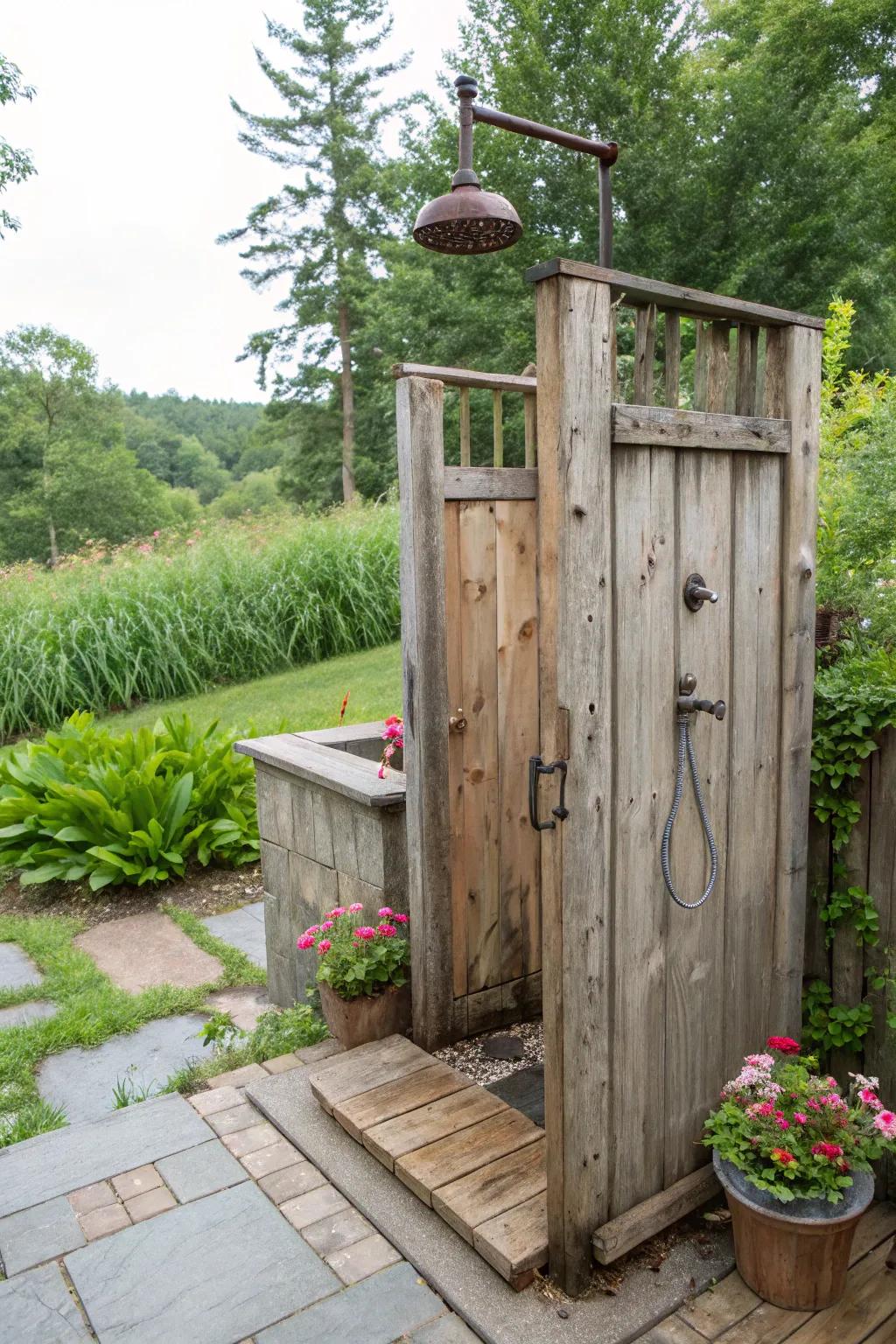 A retro outdoor shower designed from restored lumber.