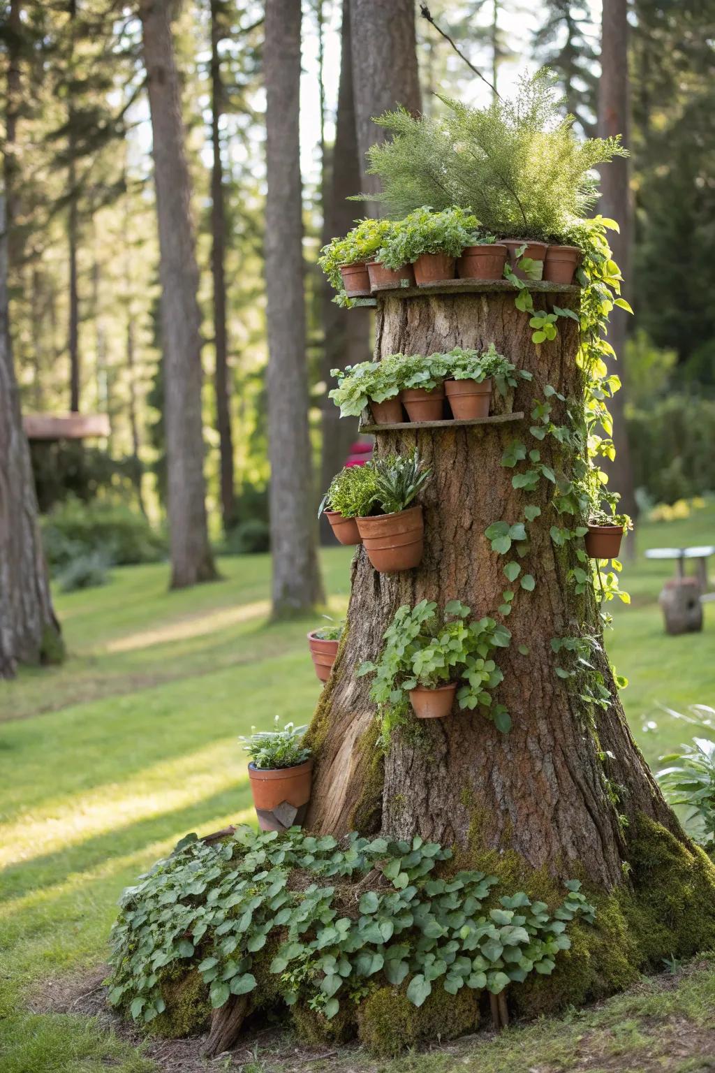 A living wall on a stump creates a cascade of greenery.